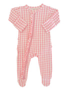 Pink gingham infant onesie with long sleeves and a front zipper, featuring ruffled detailing along the zipper.