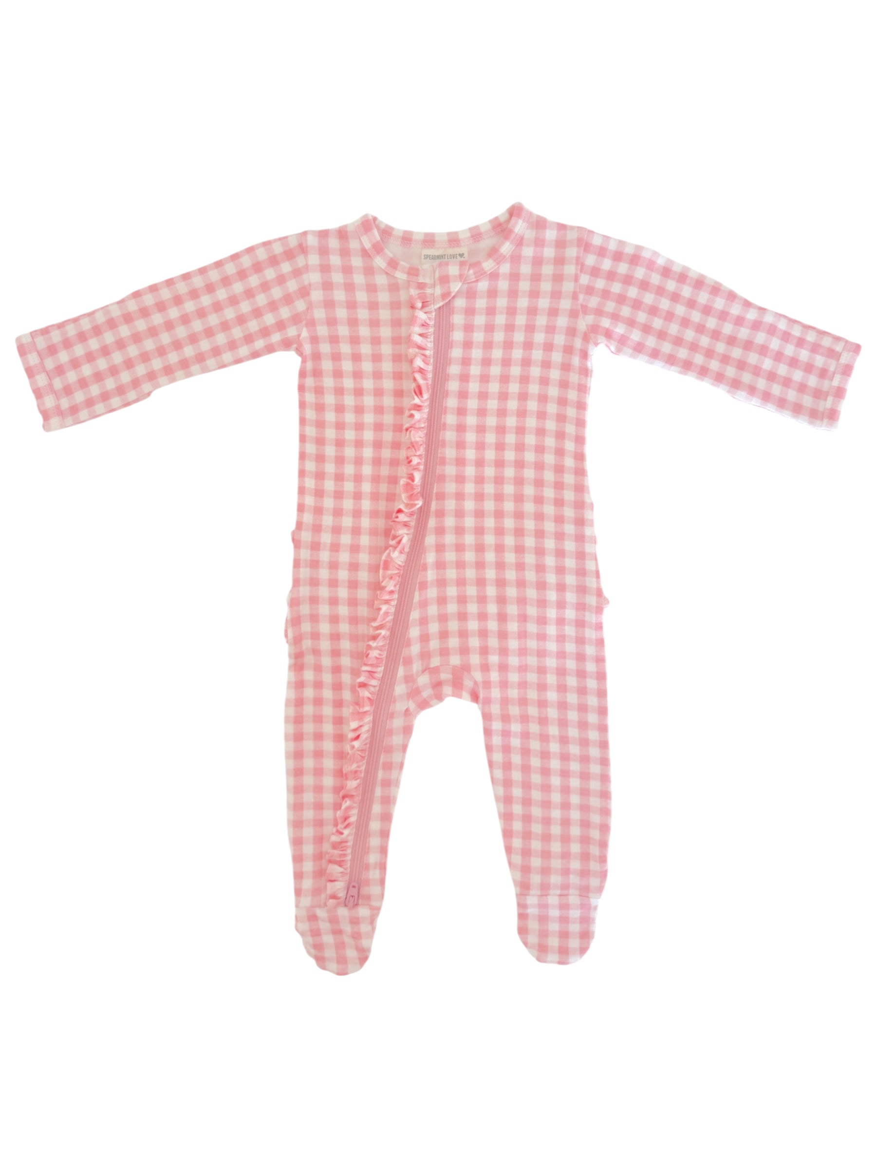 Pink gingham baby onesie with long sleeves and ruffled zipper, ideal for cozy comfort.