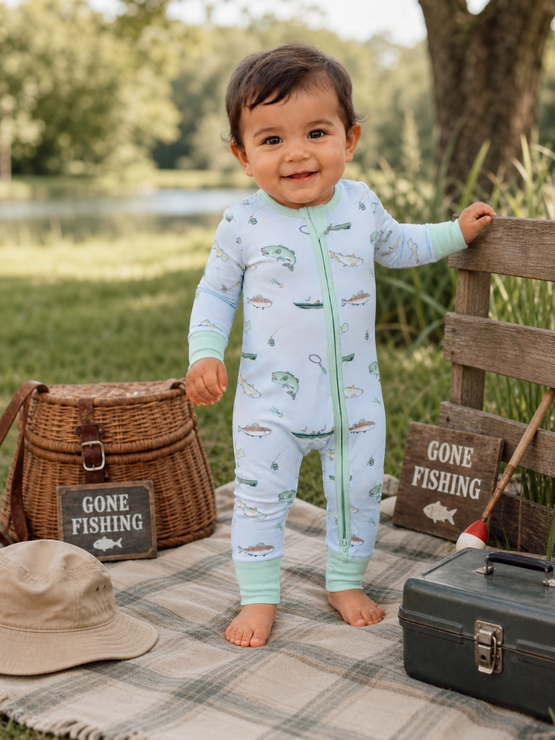 Smiling baby in fish-patterned pajamas standing on a blanket by a lake, surrounded by fishing gear and nature.
