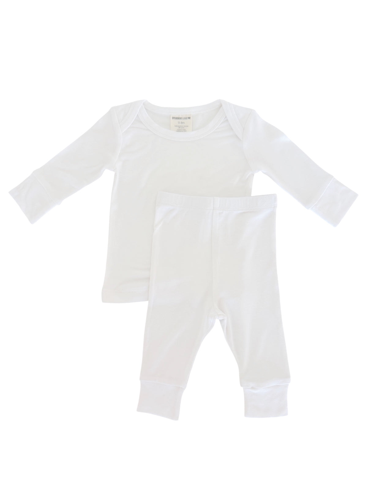White baby outfit consisting of a long-sleeve shirt and matching pants. Soft cotton fabric for comfort.