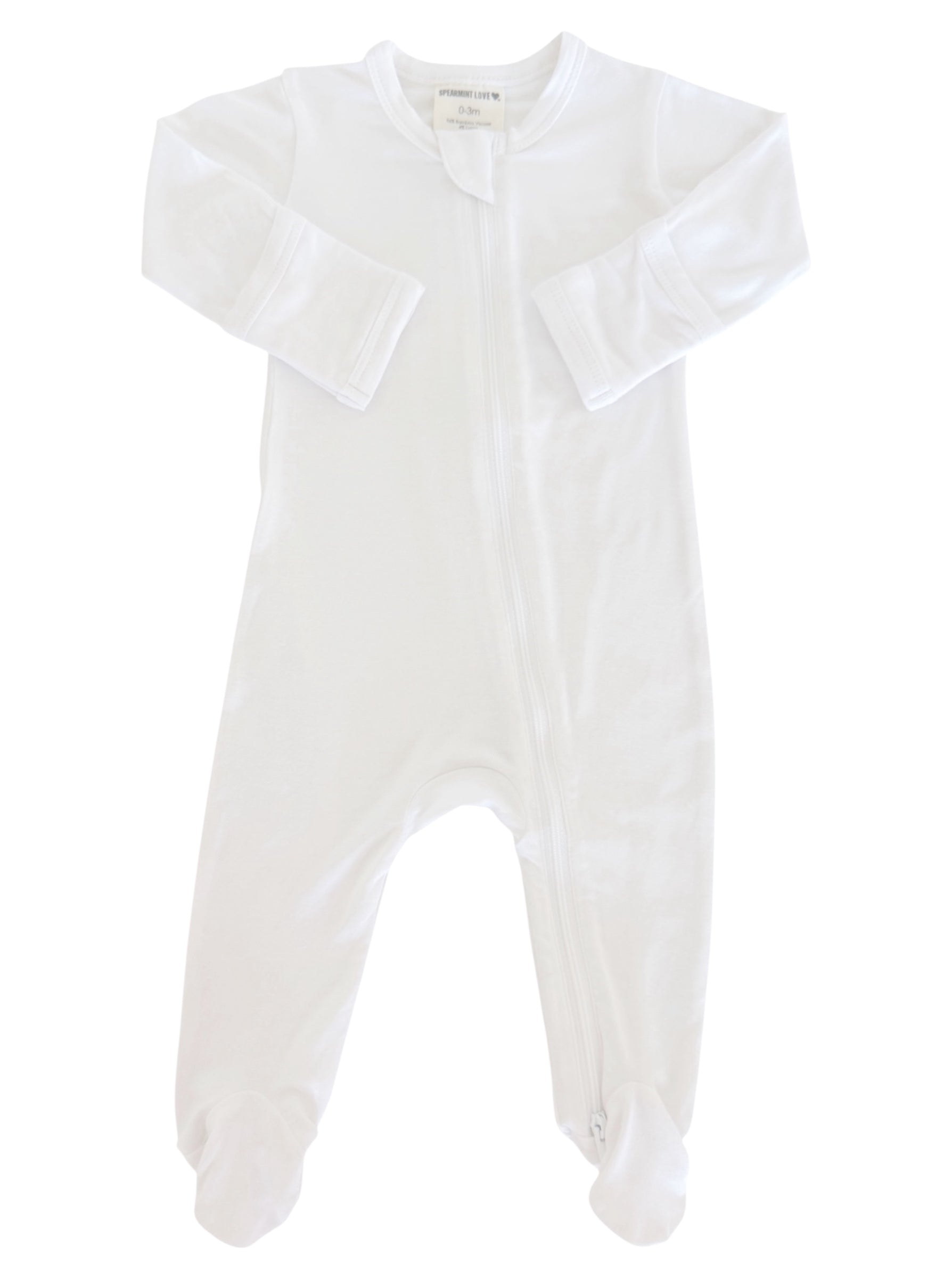 White infant onesie with long sleeves and footed legs, featuring a front zipper closure.