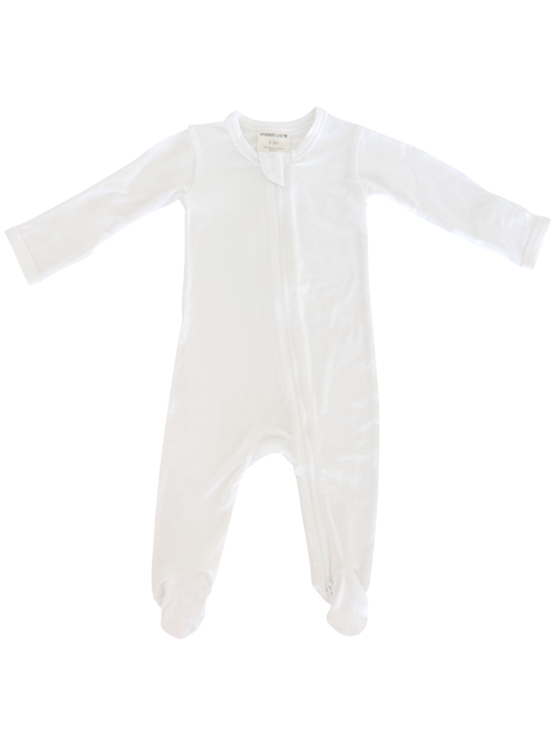 White baby onesie with long sleeves and a front zipper, suitable for infants.