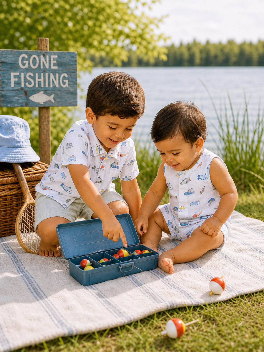 Two young boys play with colorful toy fishing supplies near a "Gone Fishing" sign by a lake.