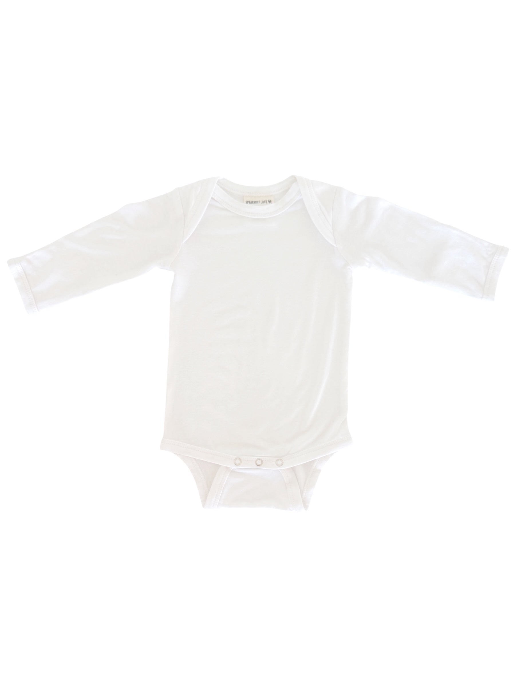 White long-sleeve bodysuit for infants, featuring snaps at the bottom for easy changing.