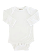 White long-sleeve baby onesie with snap buttons at the bottom, soft cotton fabric.