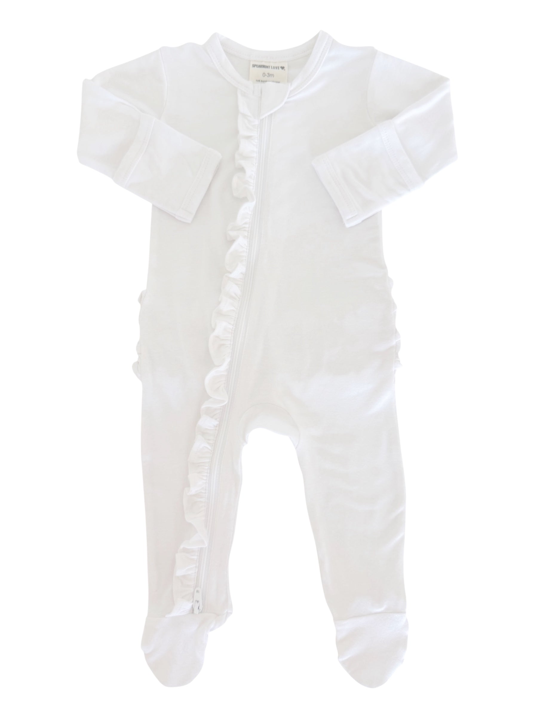 White baby onesie with full zip and ruffled details, suitable for infants sizes 0-3 months.