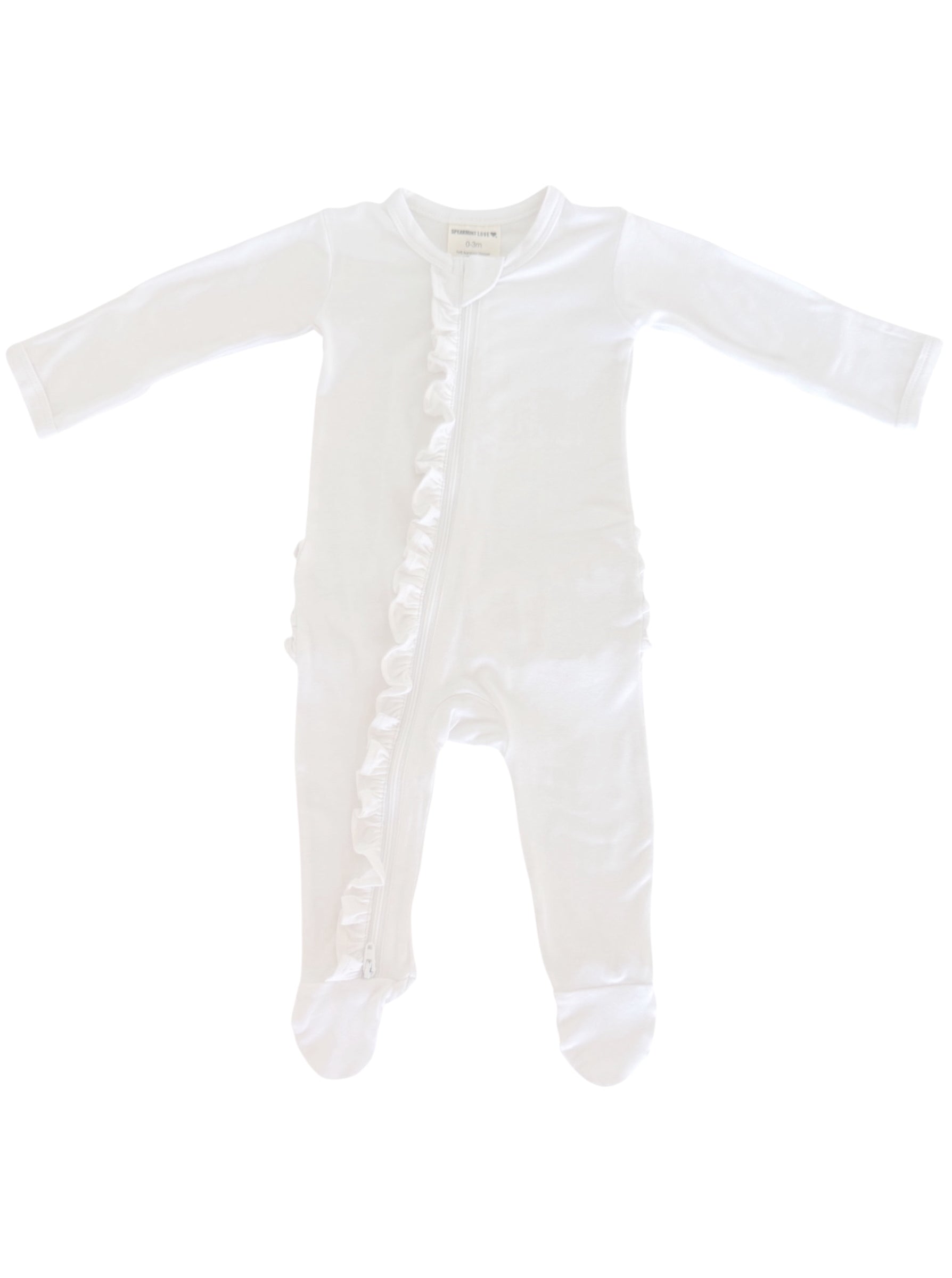 White baby onesie with long sleeves and a ruffled zipper detail down the front.