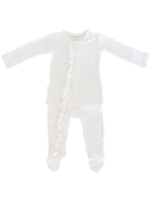White baby onesie with long sleeves and a ruffled zipper detail down the front.