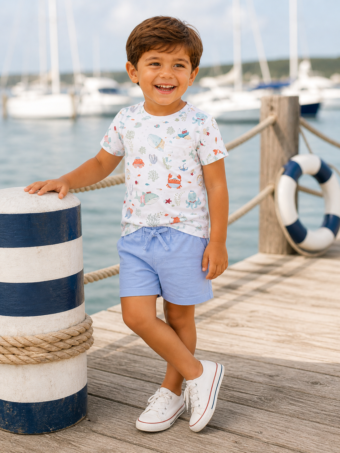 Smiling boy in a colorful marine-themed shirt and blue shorts, standing by a dock with boats in the background.