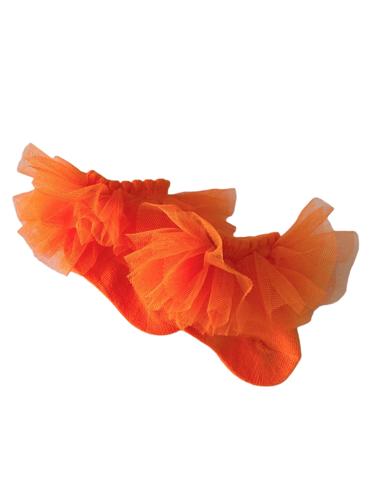 Orange socks with fluffy tulle ruffles, perfect for playful outfits and adding a pop of color.