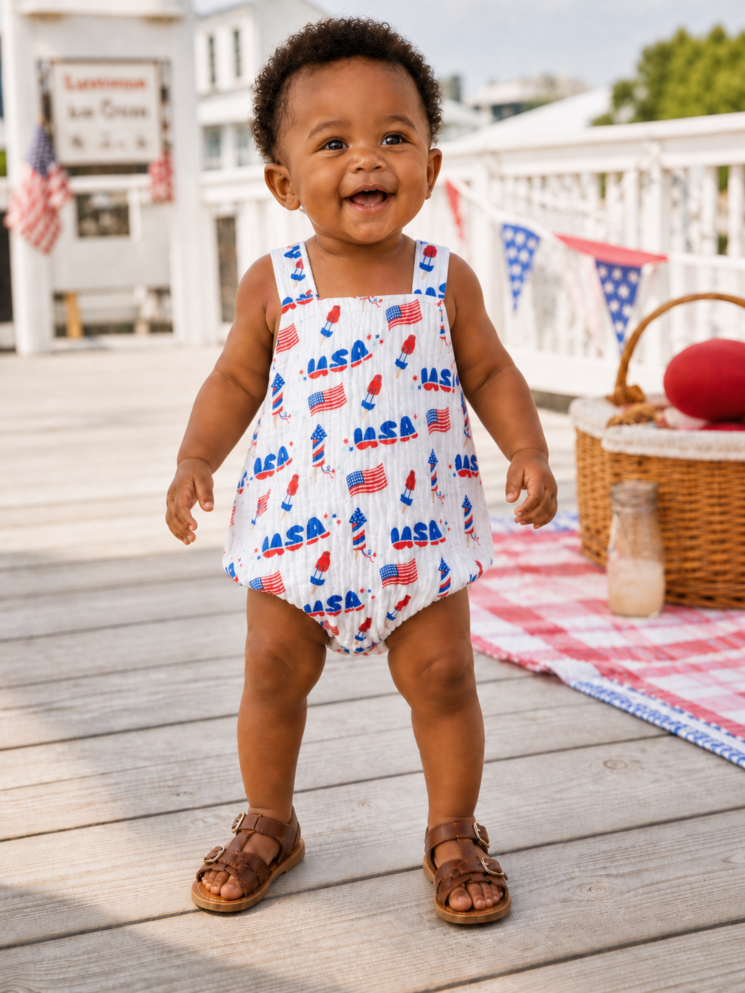 Smiling toddler in a patriotic outfit stands on a wooden deck, surrounded by summer decor and a red picnic blanket.