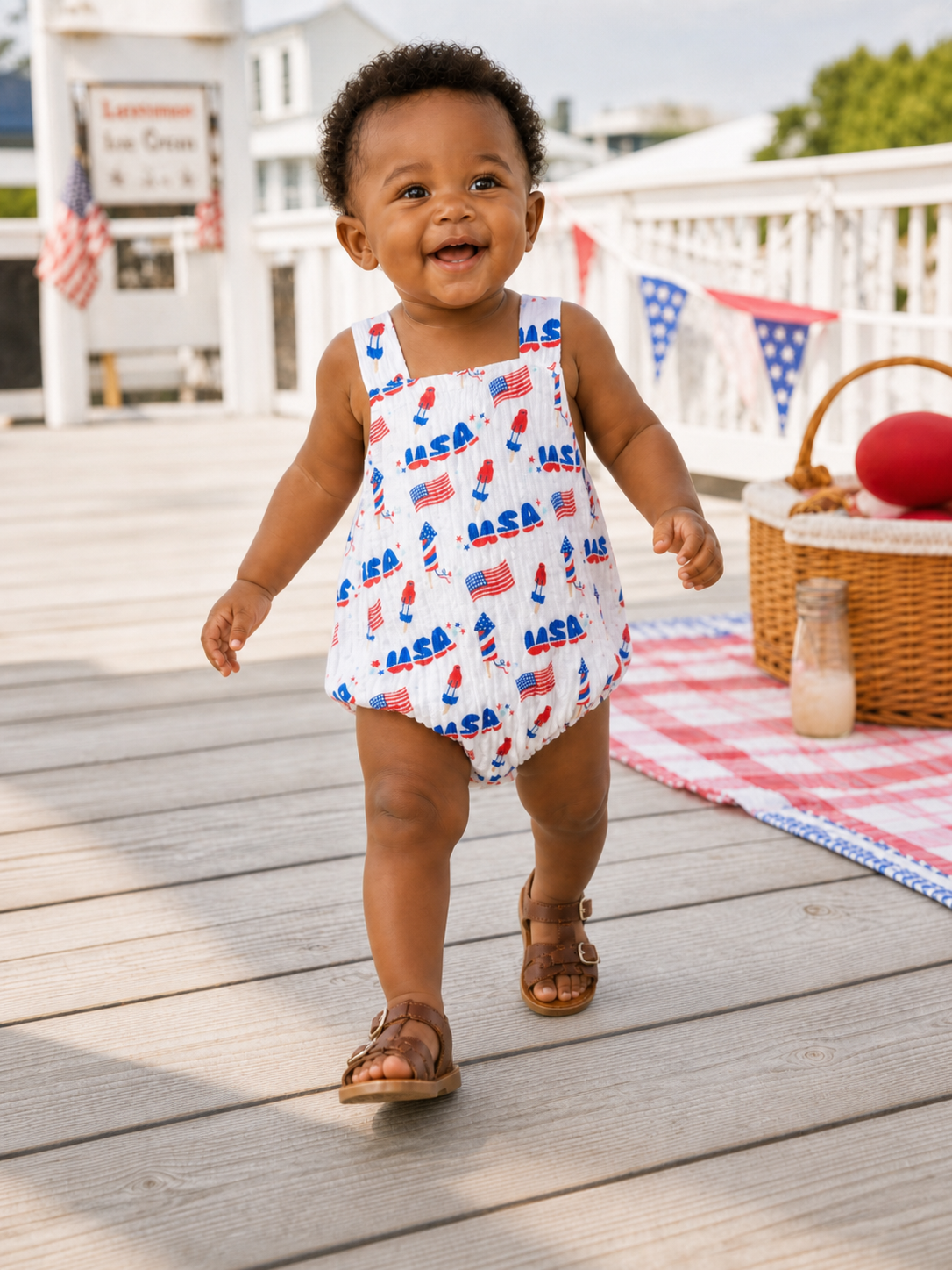 Smiling toddler in a NASA-themed romper walks on a wooden deck, with picnic items and decorations in the background.
