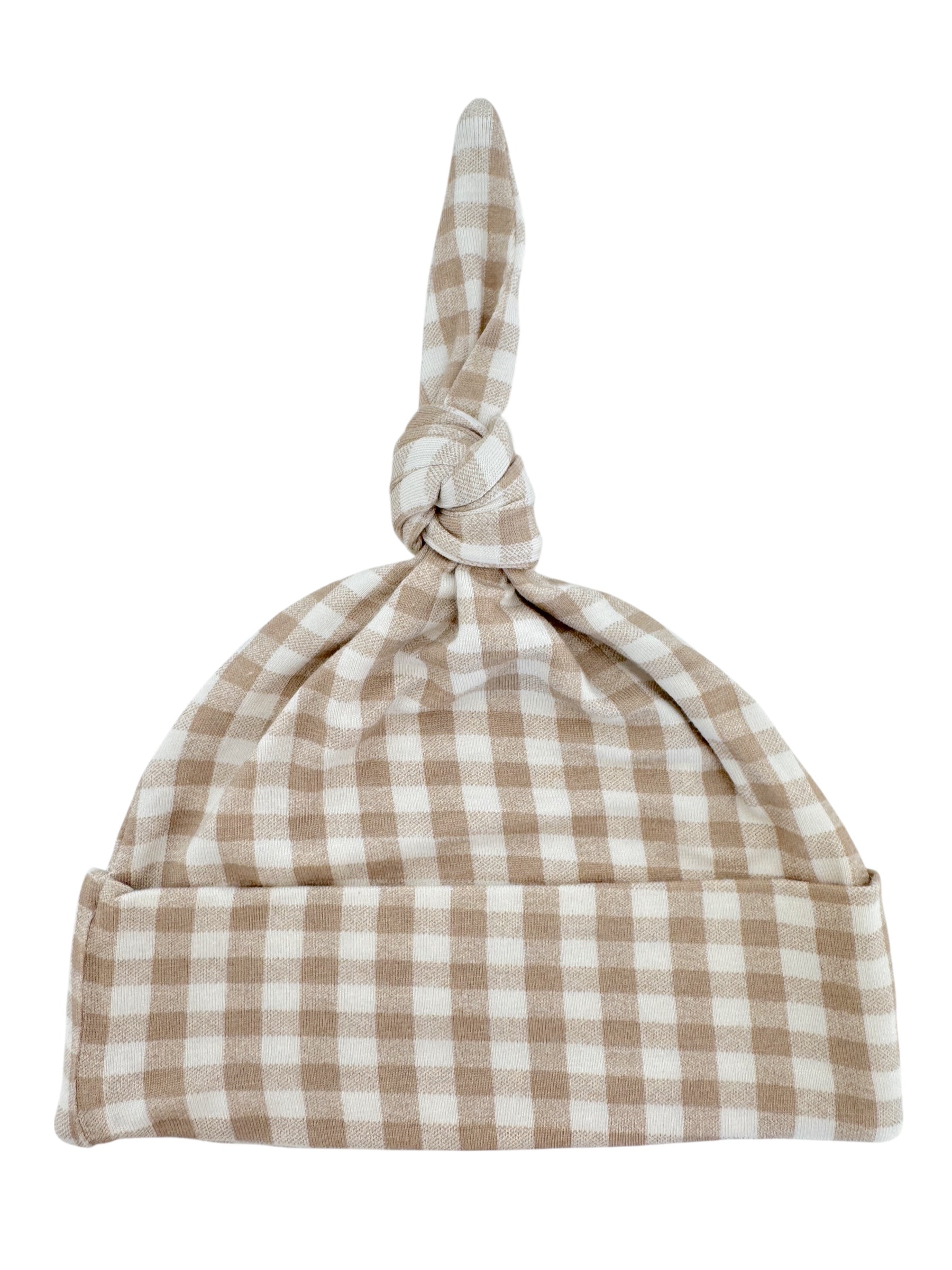 Beige and white checkered baby hat with a tied knot at the top.