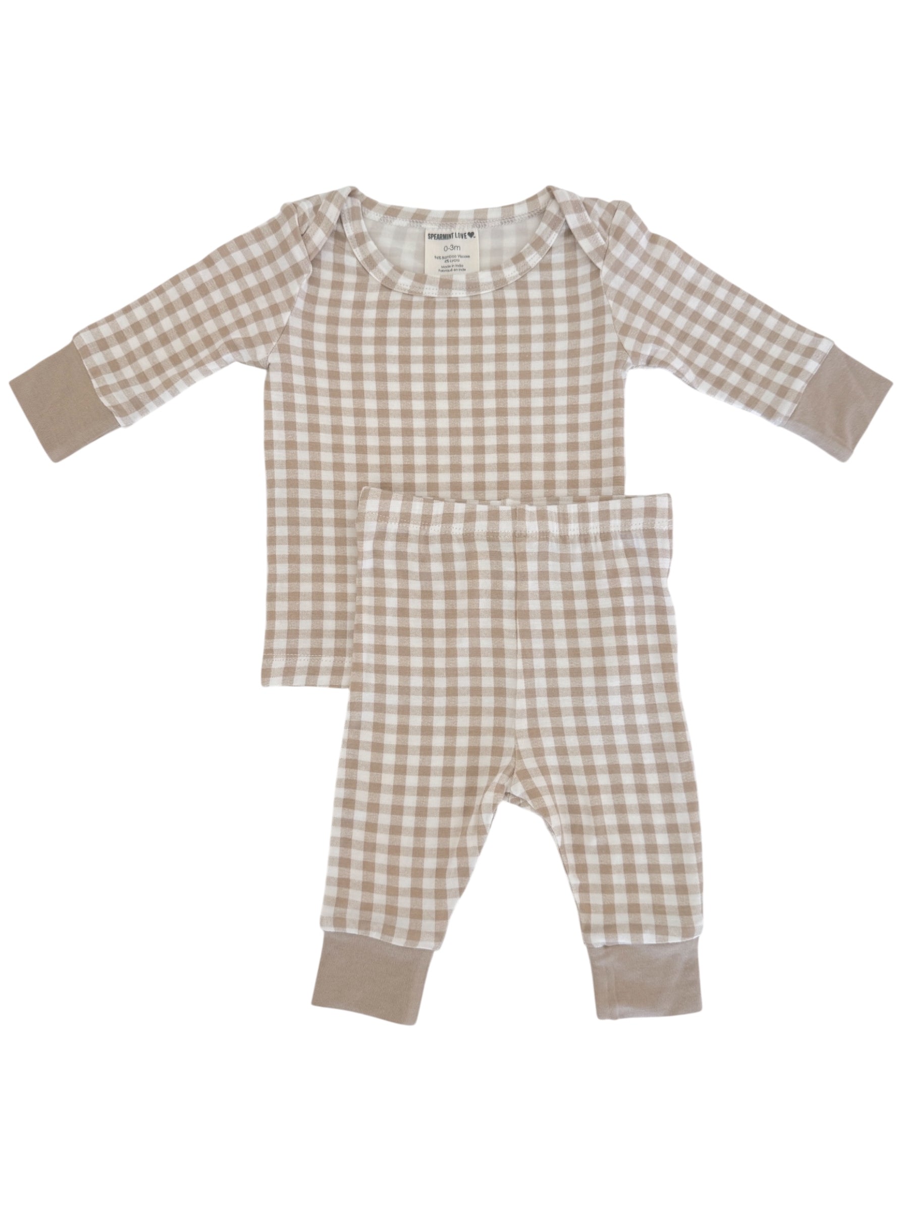 Light brown and cream checkered toddler pajamas set with long sleeves and pants.