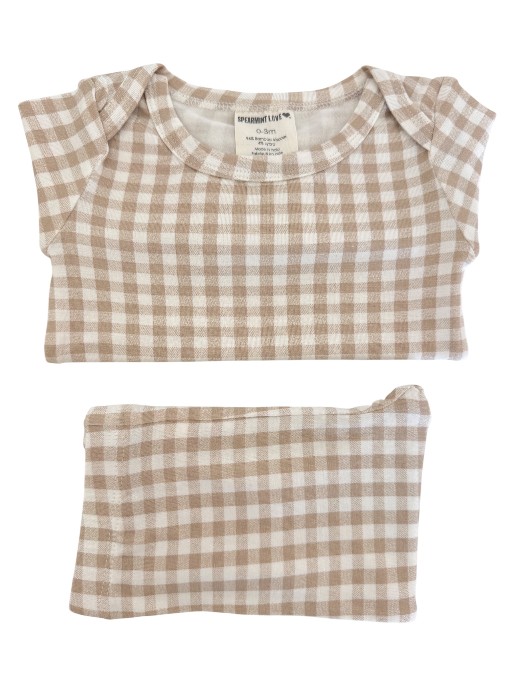 Tan and white checkered baby outfit with matching headband, sized 0-3 months.