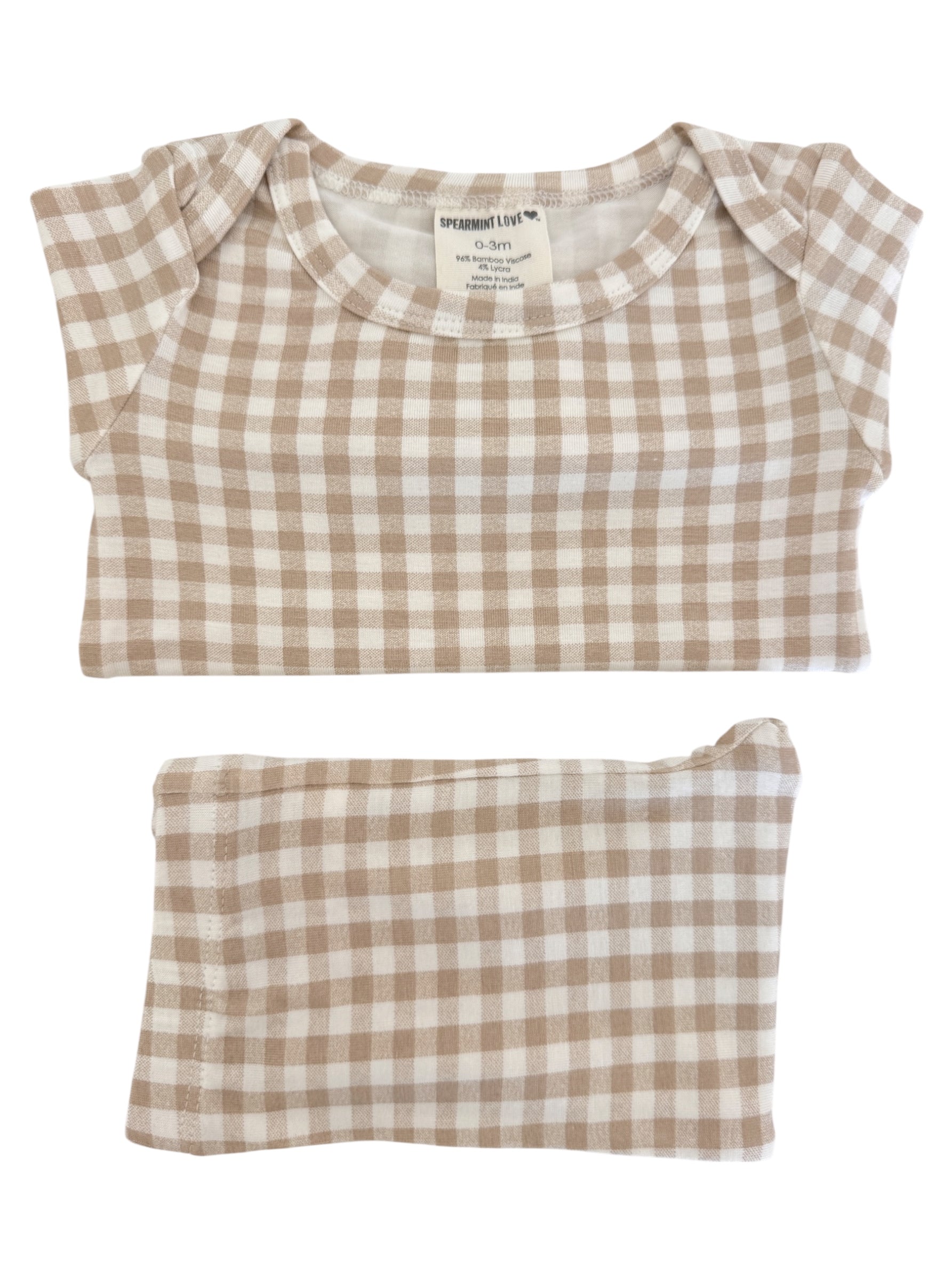 Tan and white checkered baby outfit with matching headband, sized 0-3 months.