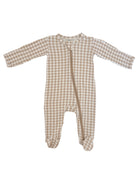 Beige and brown checkered baby onesie with long sleeves and front zipper.