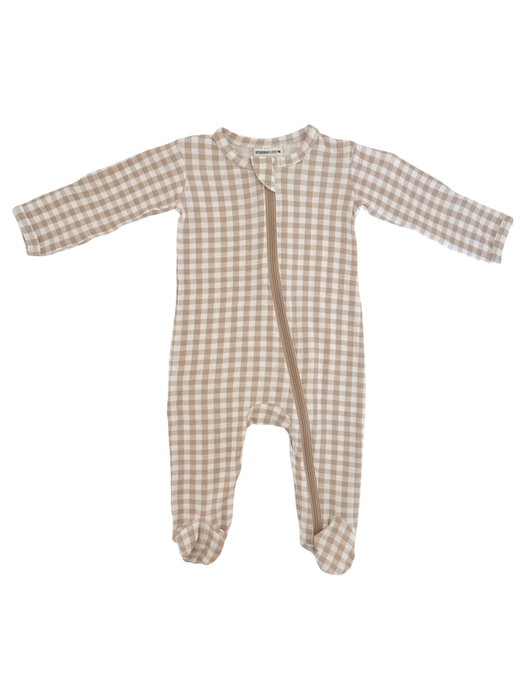 Beige and brown checkered baby onesie with long sleeves and front zipper.