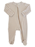 Tan and white gingham patterned baby onesie with long sleeves and a front zipper.