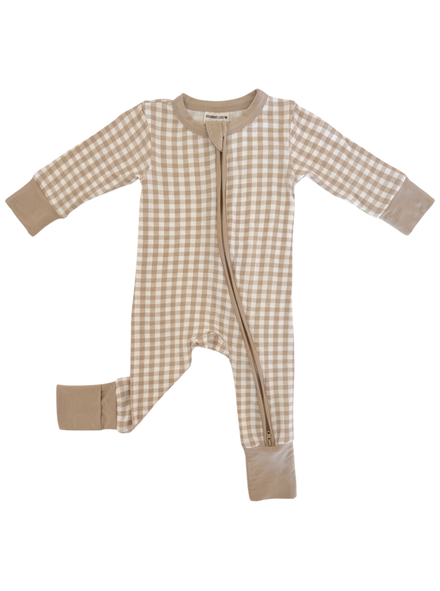Tan and cream checked baby onesie with long sleeves and a front zipper for easy dressing.