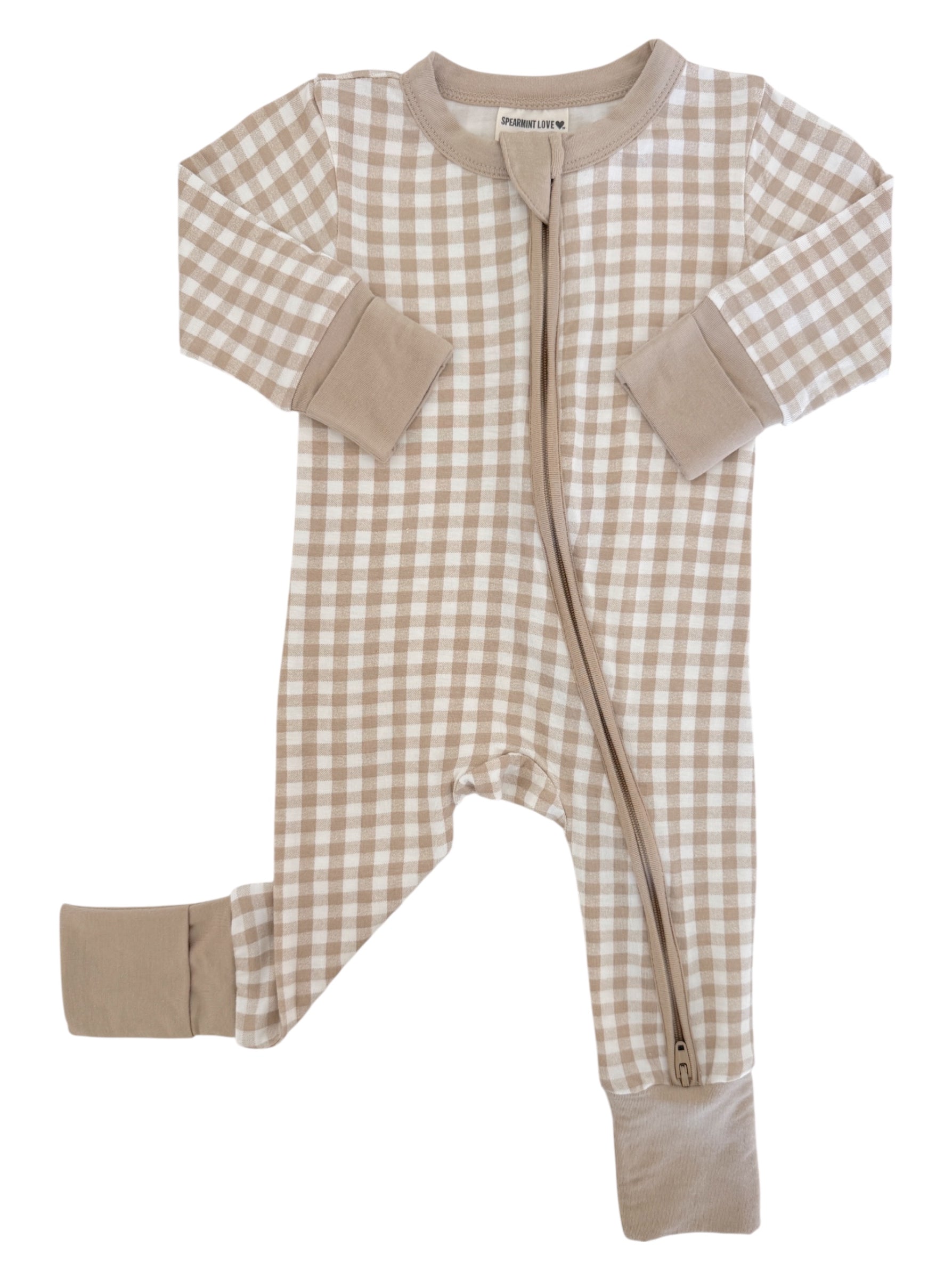 Tan and cream gingham pattern zip-up baby onesie with long sleeves and footed design.