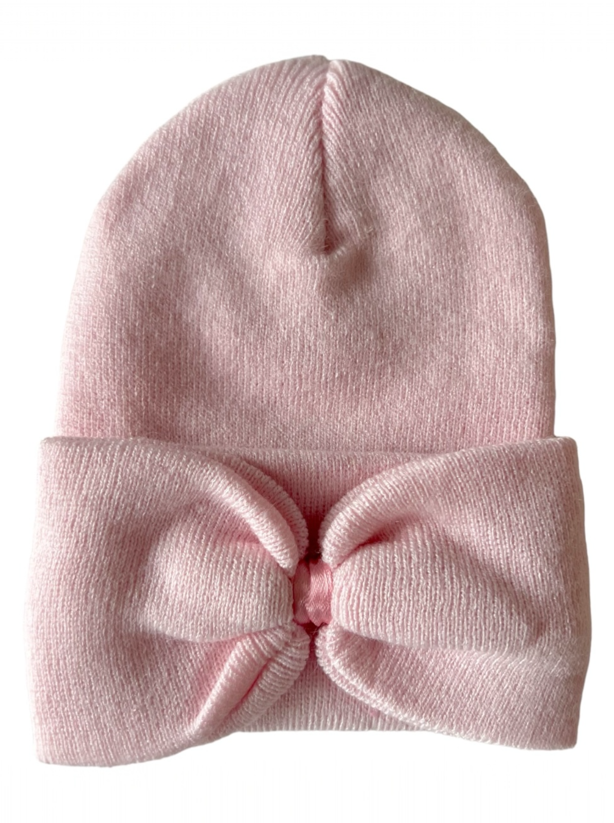 Light pink beanie hat with a decorative bow at the front, ideal for infants or stylish winter wear.