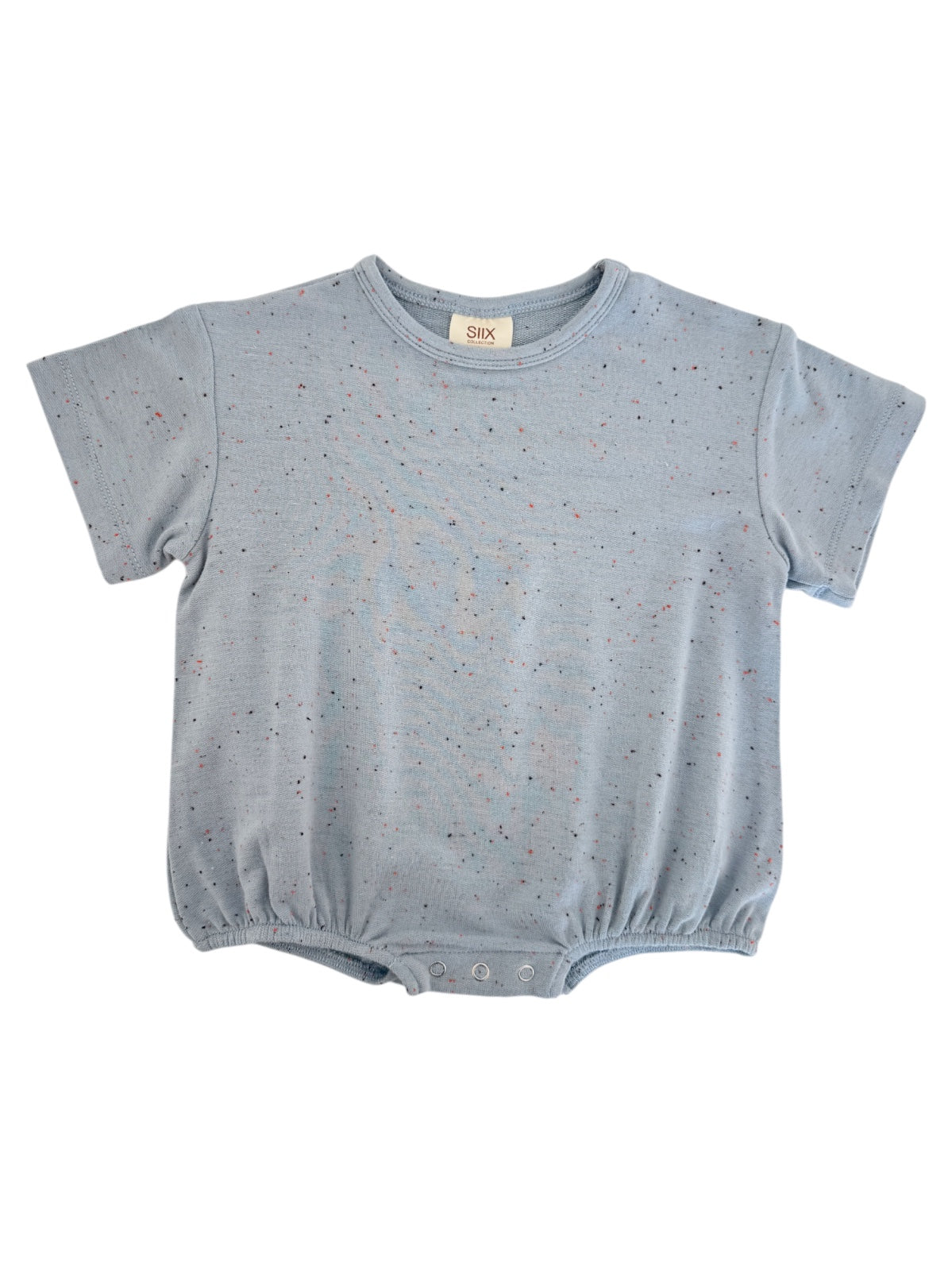 Light blue baby onesie with short sleeves and colorful speckles, featuring a snap closure at the bottom.