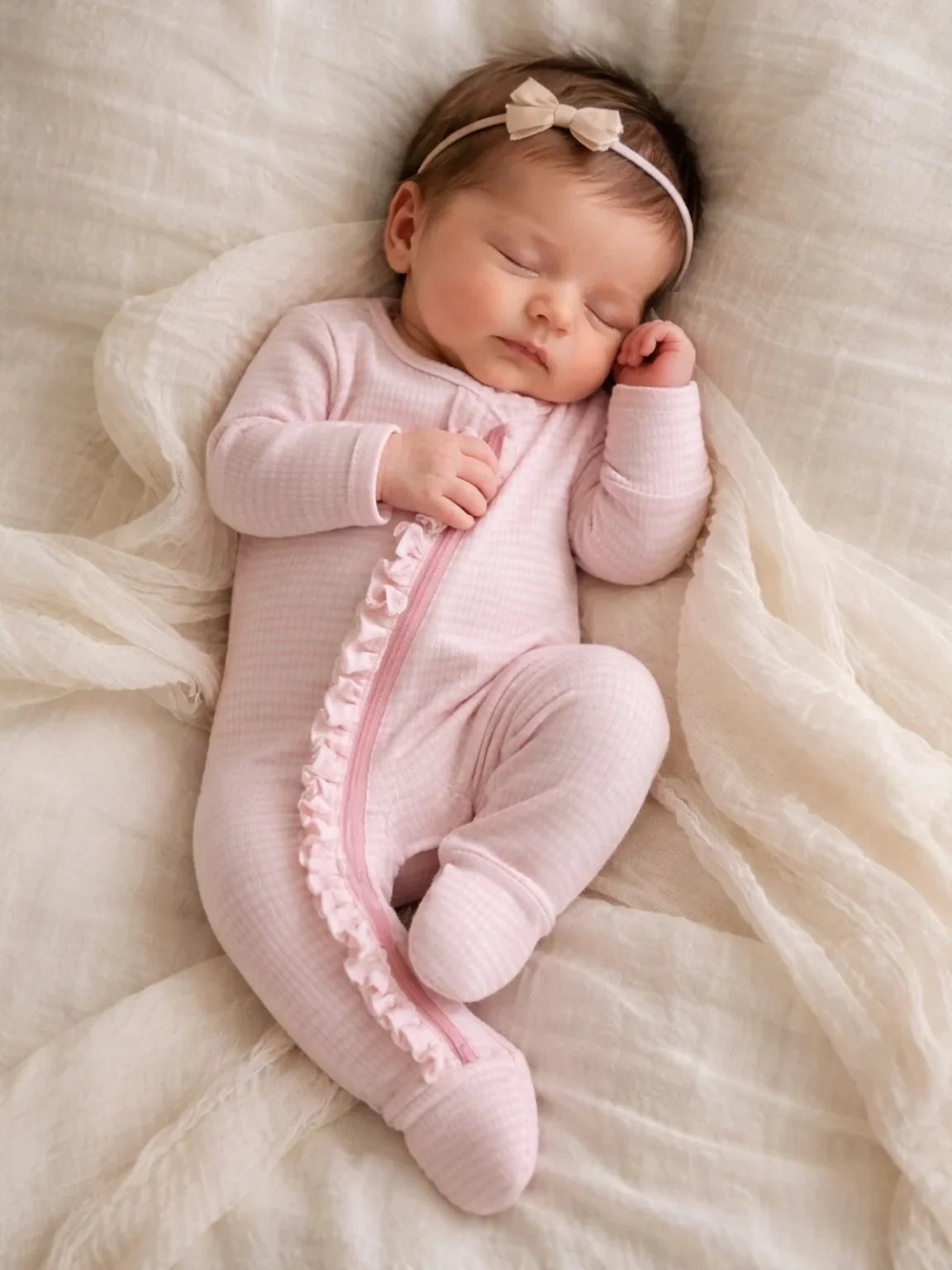 Sleeping baby in a pink onesie with a ruffled zipper, resting peacefully on soft, ivory fabric.