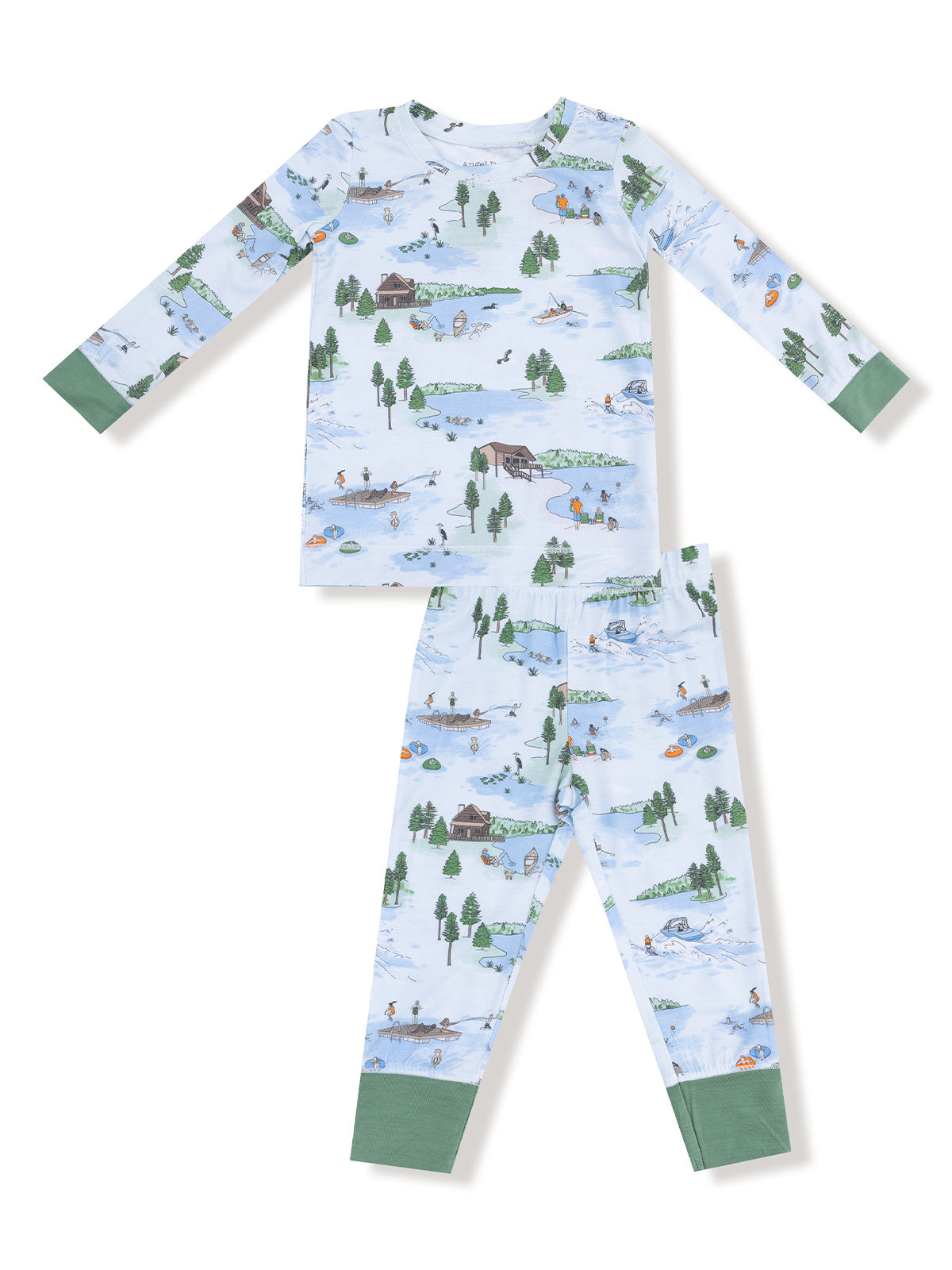 Blue pajamas with winter scenes, featuring trees, cabins, and people enjoying outdoor activities.