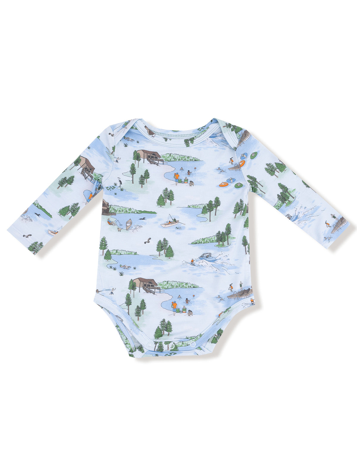 Long-sleeve baby bodysuit featuring a whimsical outdoor landscape print with lakes, trees, and recreation activities.