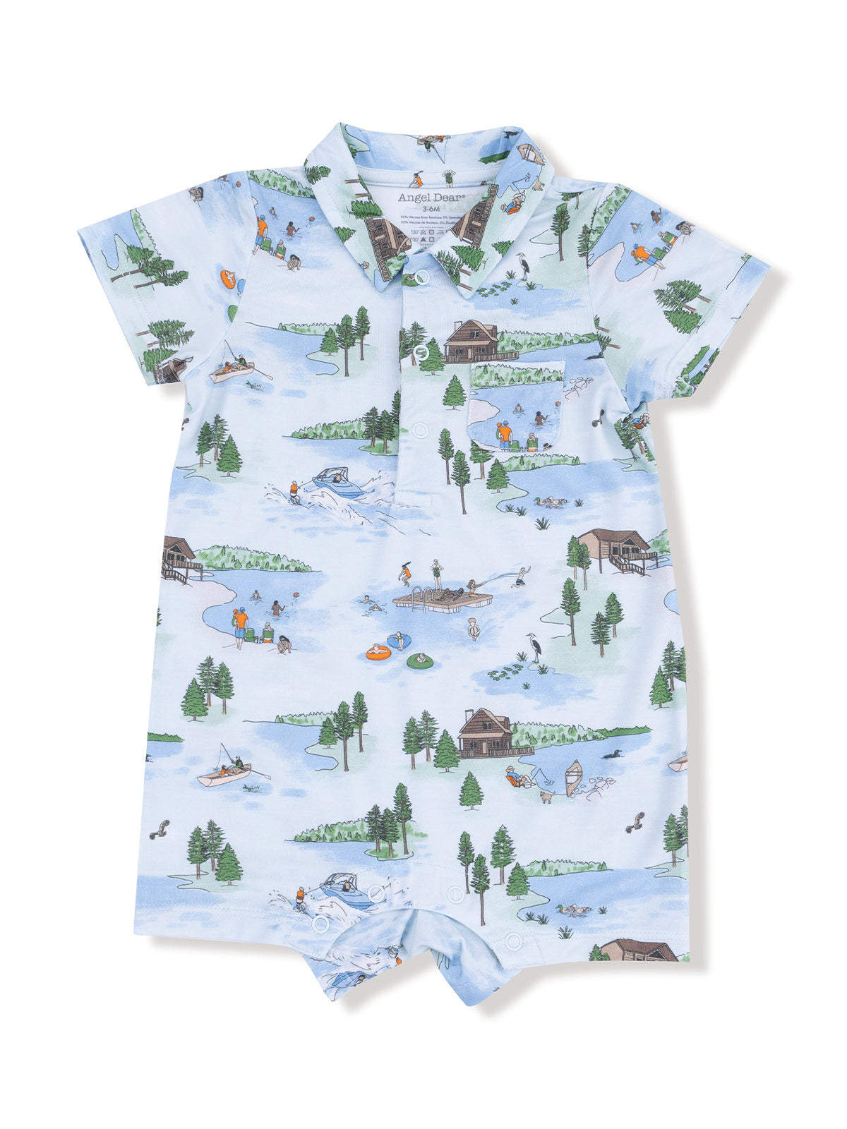 Light blue short-sleeve pajama romper with nature scene print featuring lakes, trees, and outdoor activities.