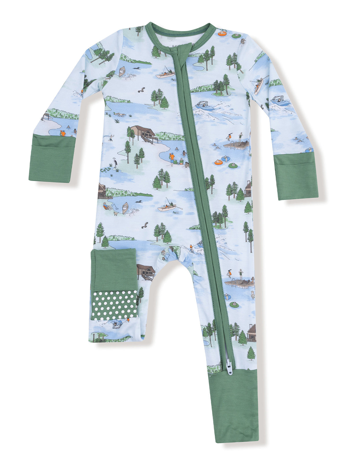 Children's zip-up onesie featuring a whimsical outdoors pattern with trees, lakes, and playful activities.