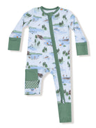 Children's zip-up onesie featuring a whimsical outdoors pattern with trees, lakes, and playful activities.