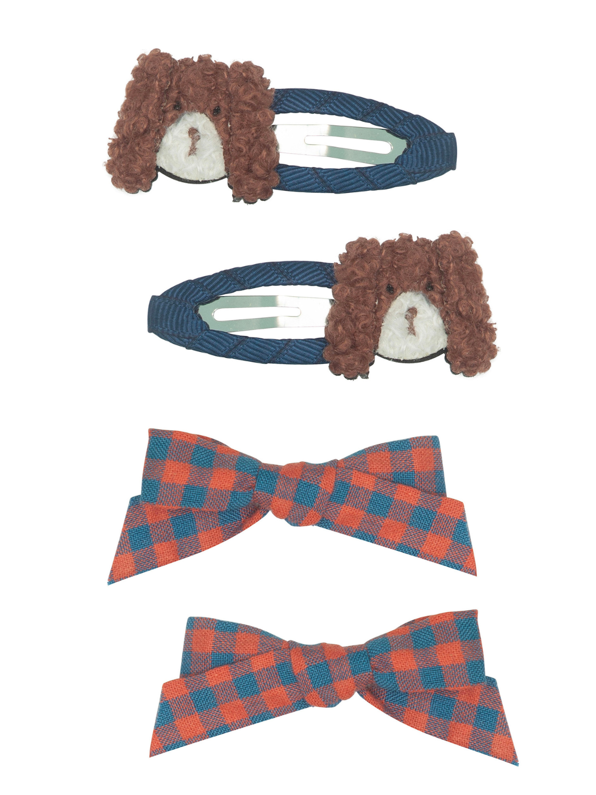 Dog-themed hair clips and plaid bow hair ties in blue and orange. Popular accessories for kids and pet lovers.
