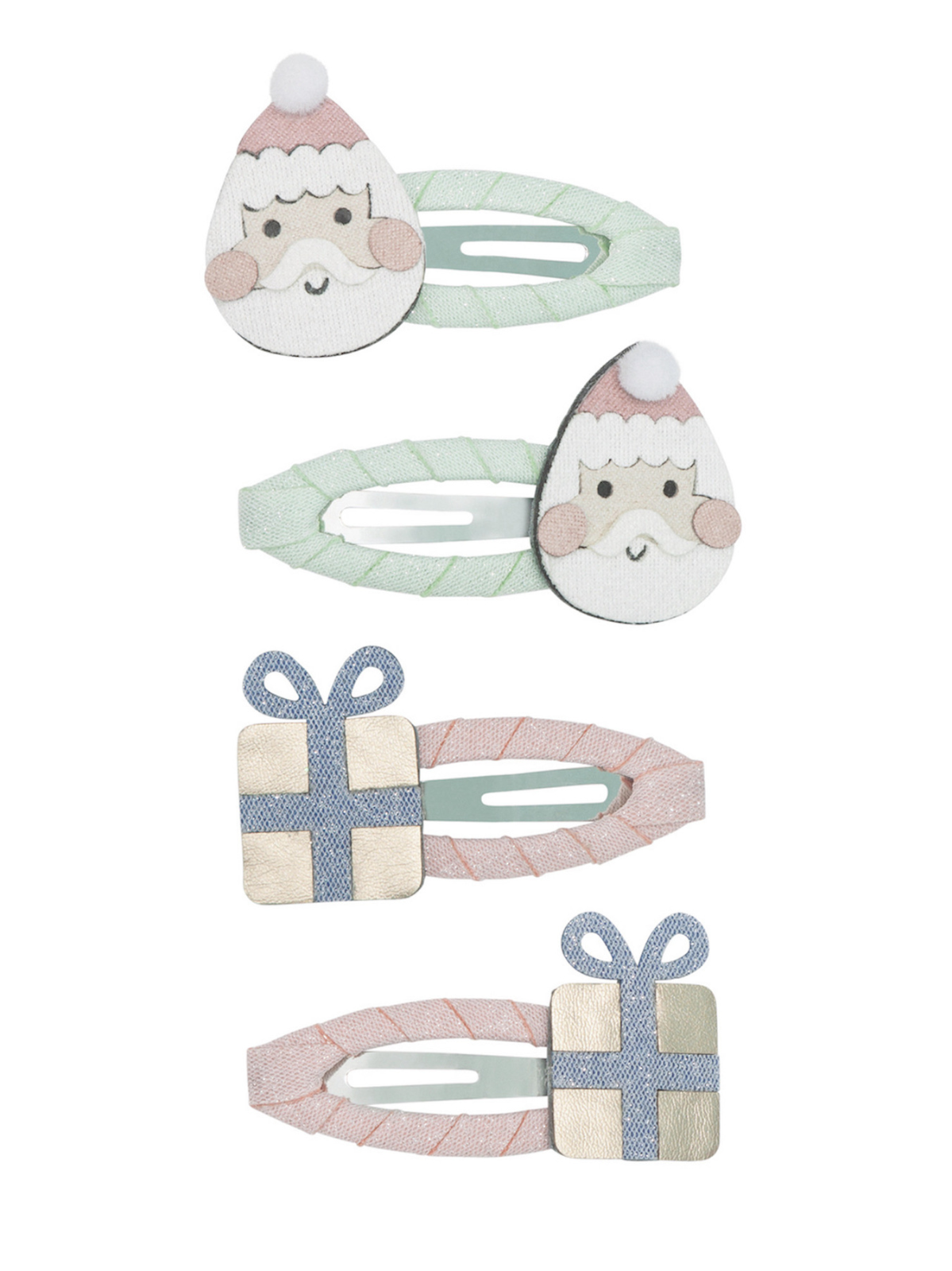 Colorful hair clips shaped like Santa and gift boxes, perfect for festive occasions.