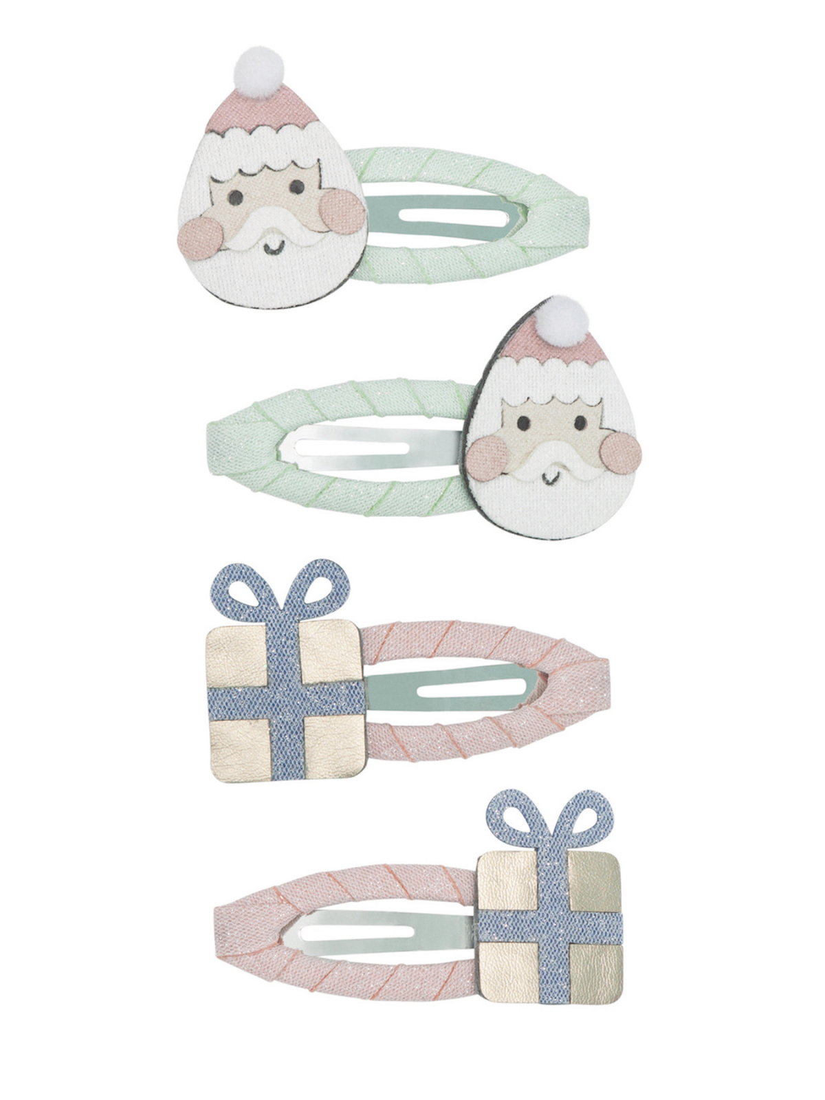 Colorful hair clips shaped like Santa and gift boxes, perfect for festive occasions.