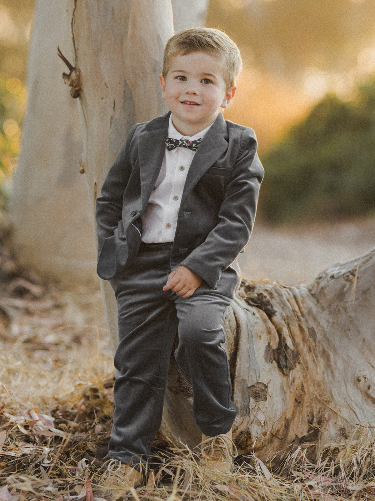 Young boy in a gray suit with a bow tie, smiling while leaning against a tree trunk in a natural setting.