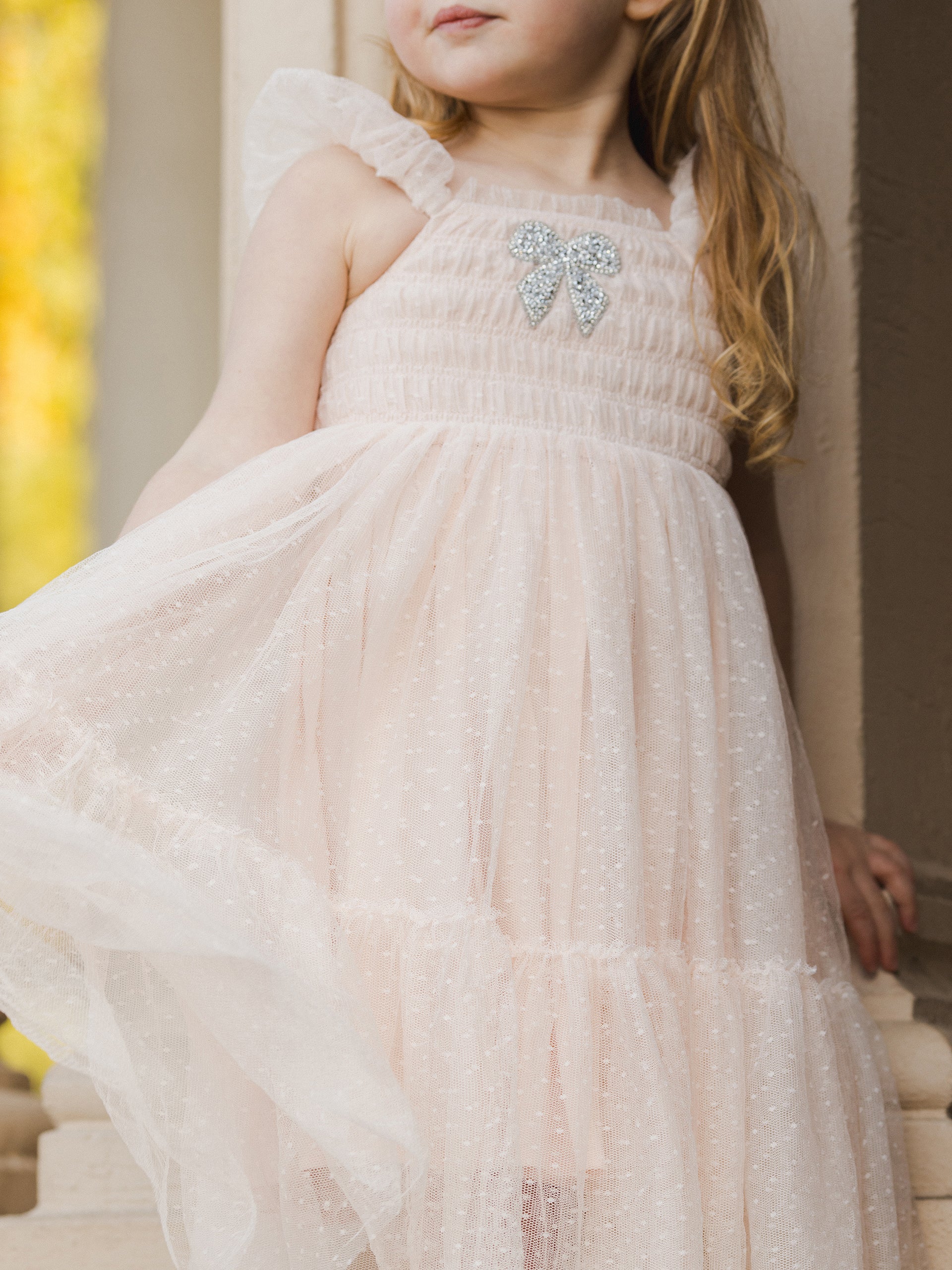 Young girl in a light pink dress with ruffles and a silver bow, standing elegantly against a soft background.