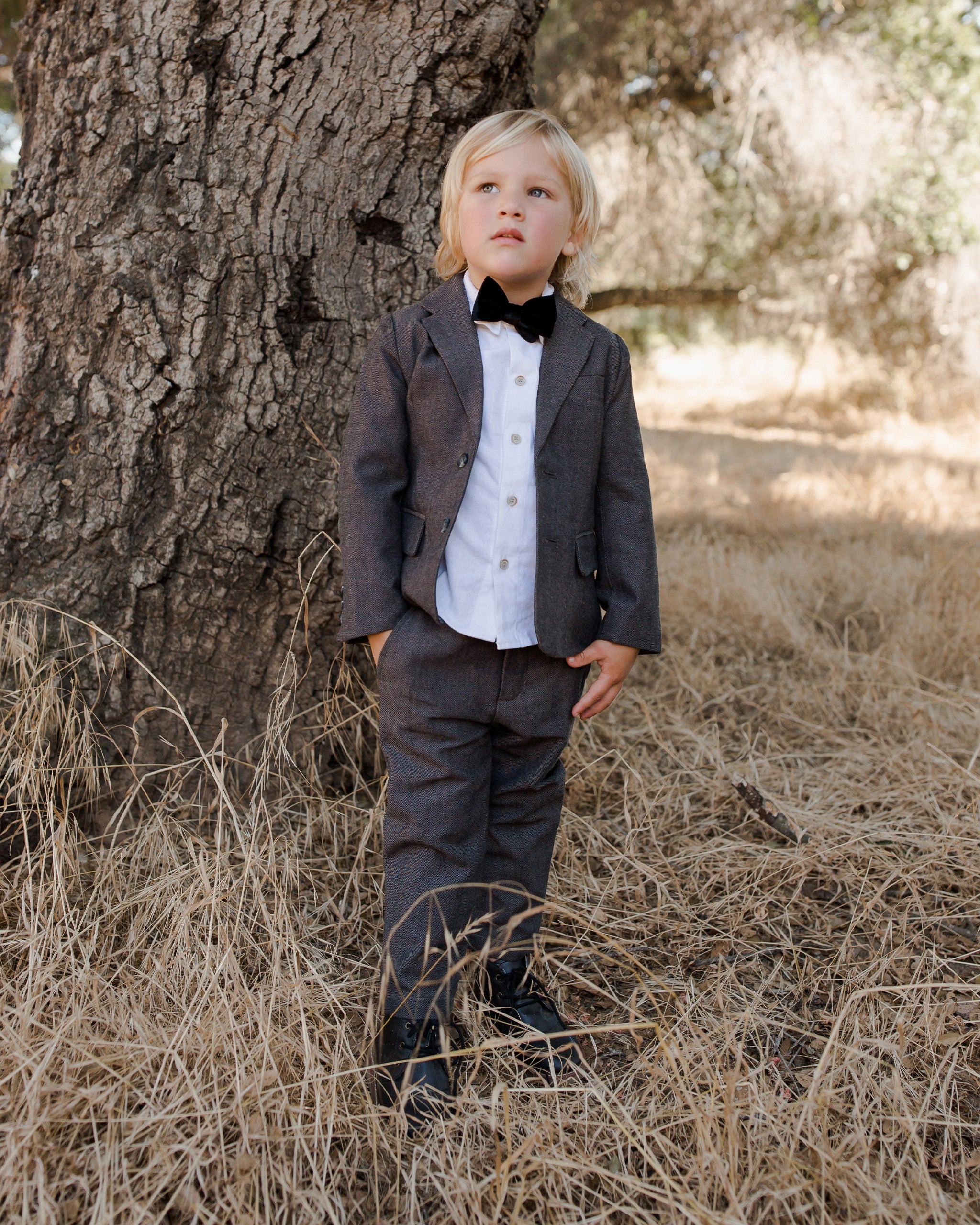 Young boy in a formal suit with a bow tie, standing near a tree in a field of dry grass.