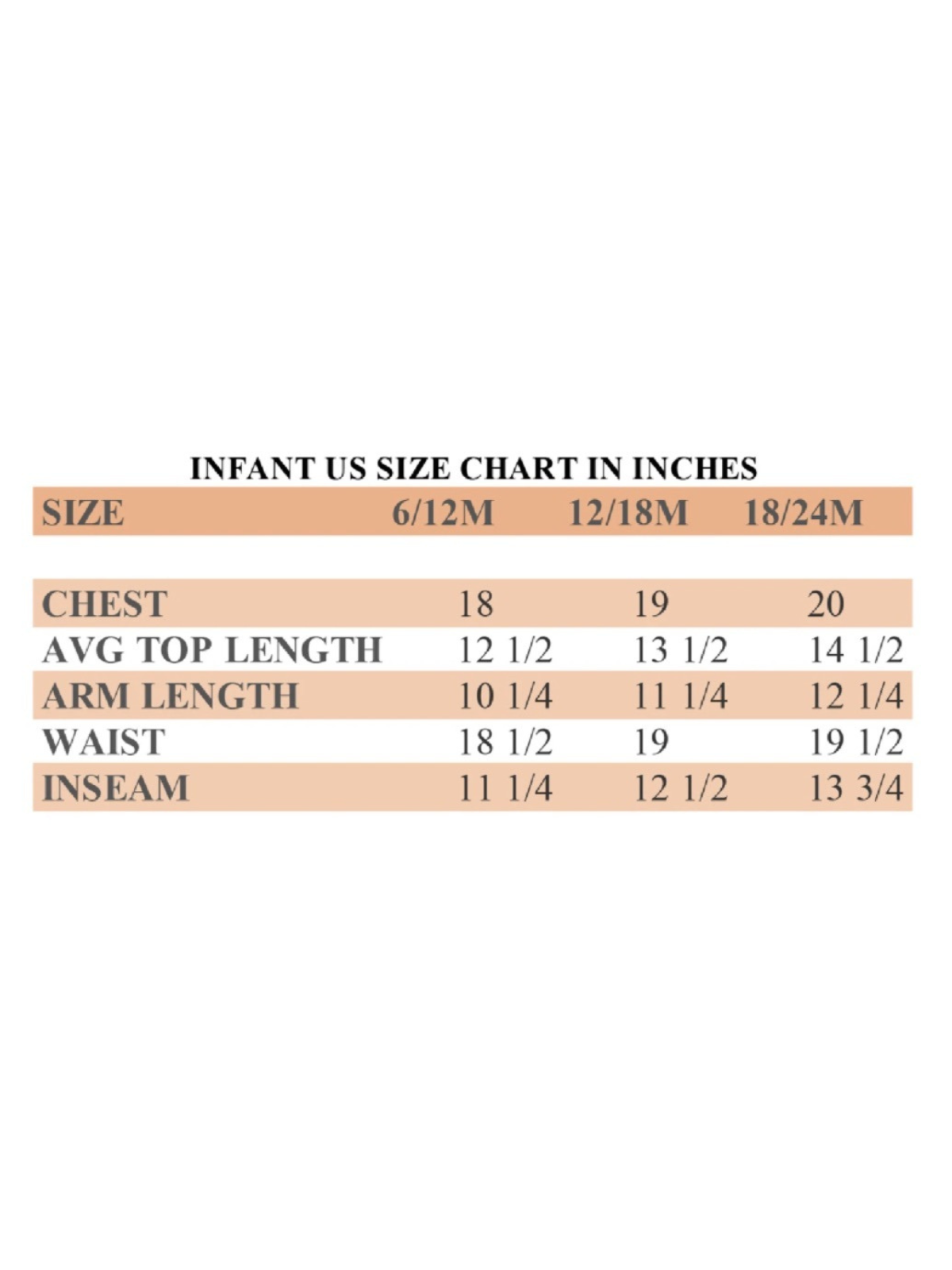 Infant US size chart in inches for 6/12M, 12/18M, and 18/24M across chest, top length, arm length, waist, and inseam.