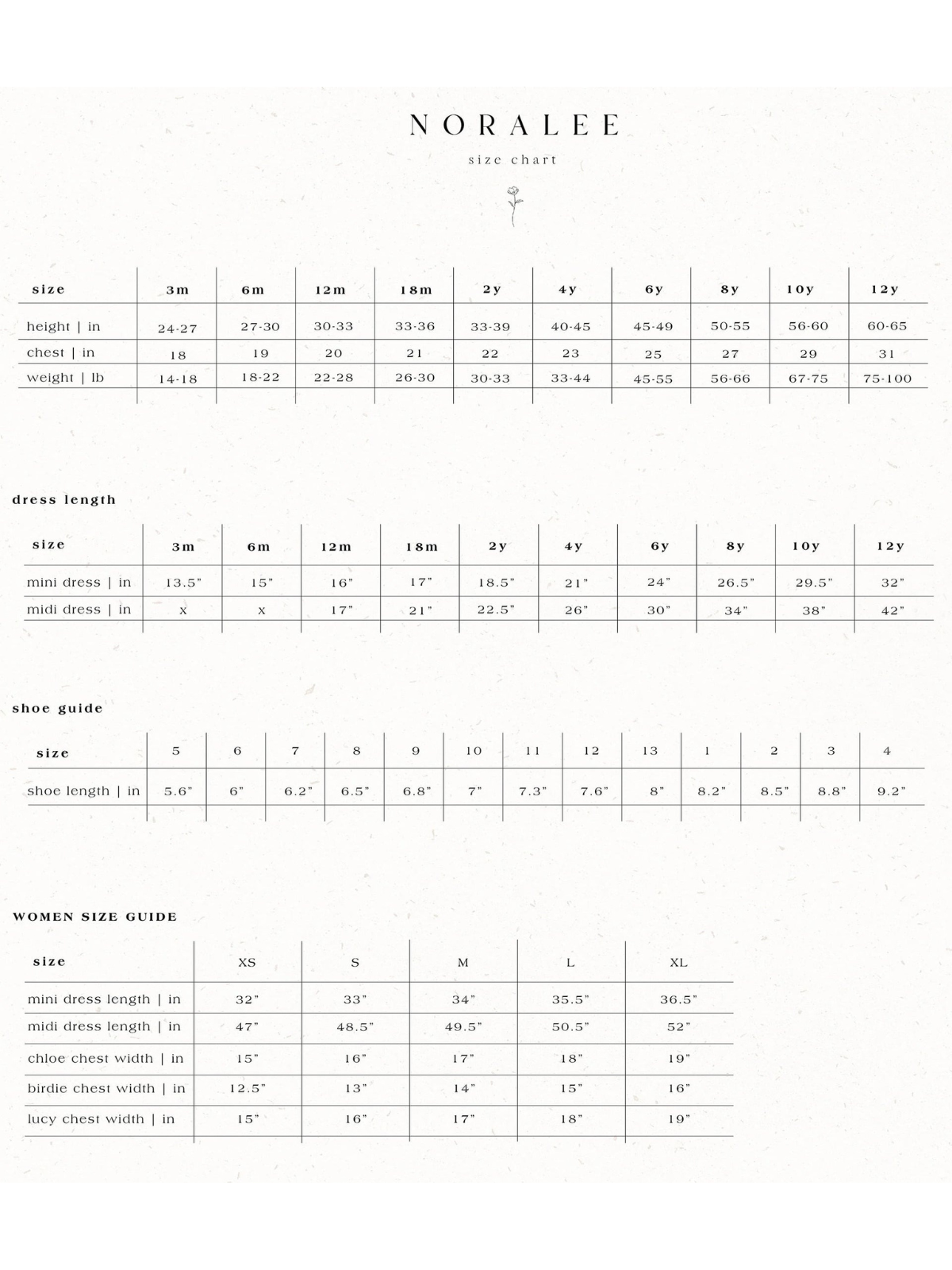 Size chart for Noralee, including measurements for infants, children, and women’s dresses and shoes.