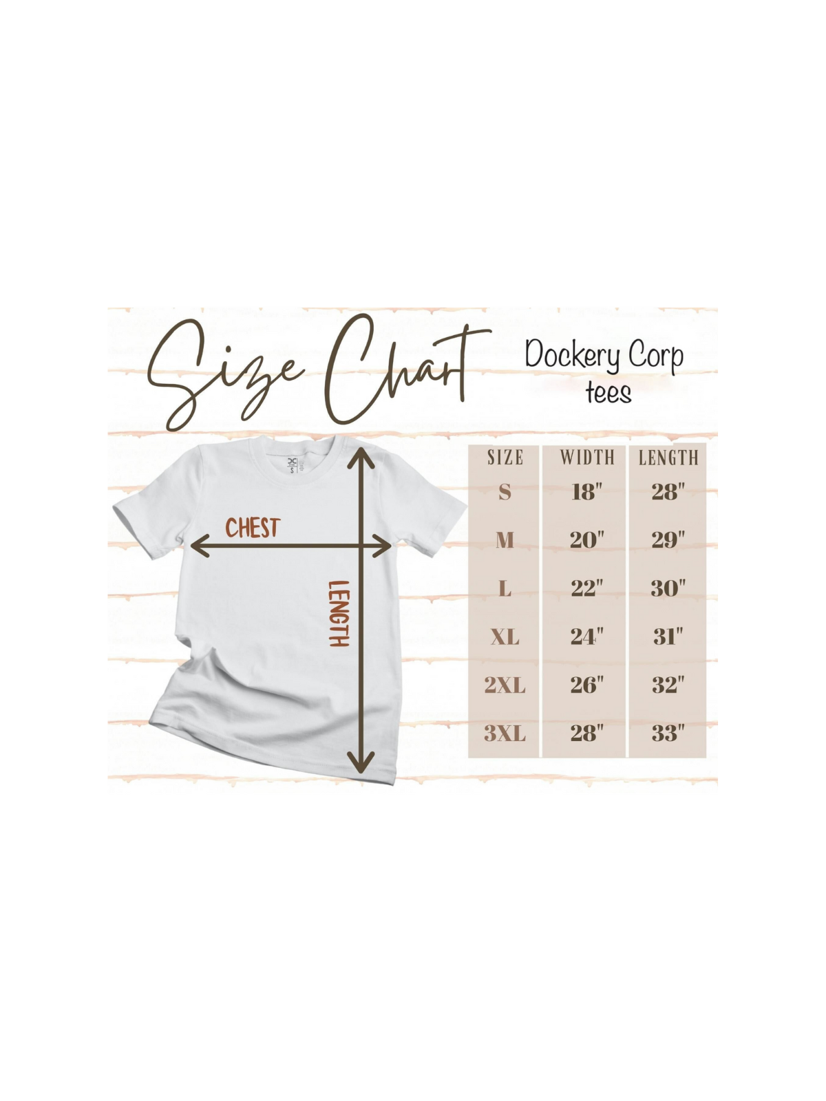 Size chart for Dockery Corp tees with measurements for S to 3XL: width and length in inches.