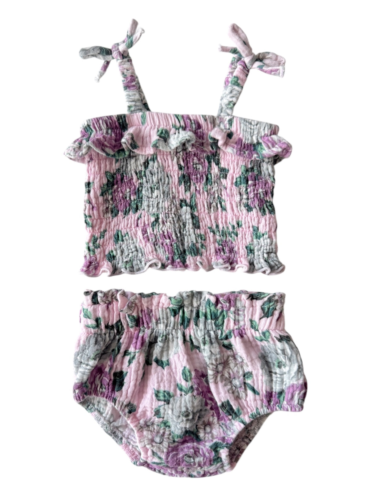 Floral baby girl two-piece outfit featuring a smocked top and ruffled straps, paired with matching bloomer shorts.