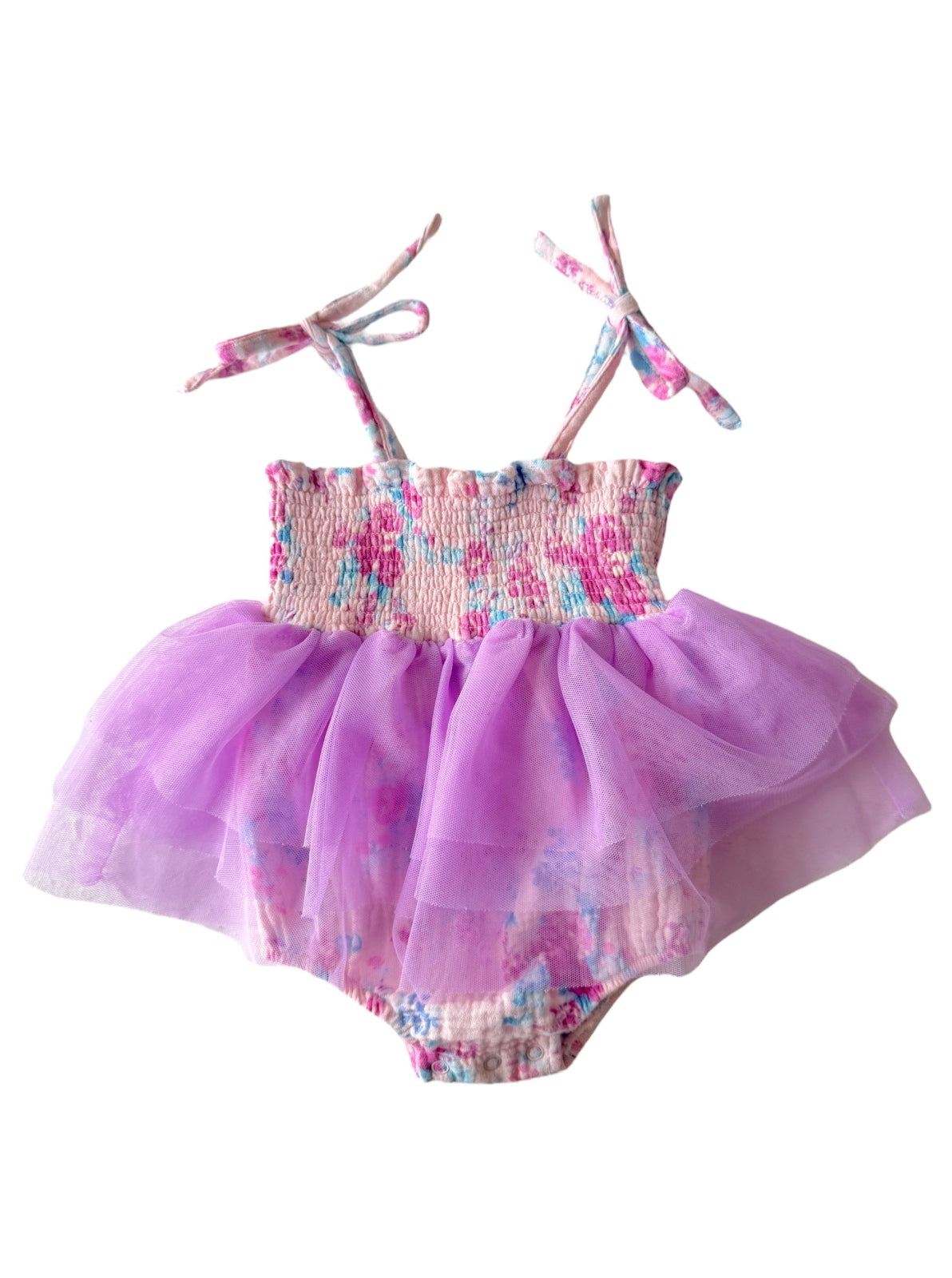Light pink and lavender toddler dress with floral print and tulle skirt, featuring adjustable straps.