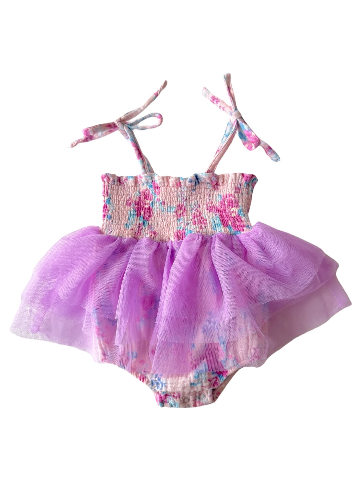 Light pink and lavender toddler dress with floral print and tulle skirt, featuring adjustable straps.