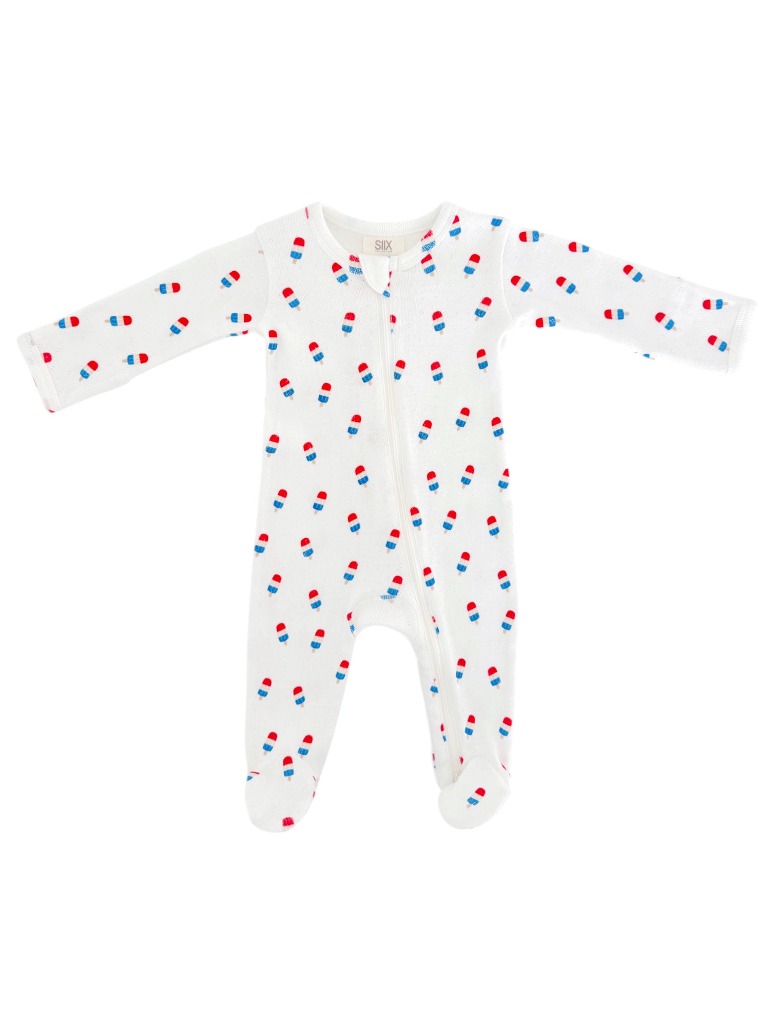 White baby onesie with colorful ice cream cone print, featuring long sleeves and a full zipper.