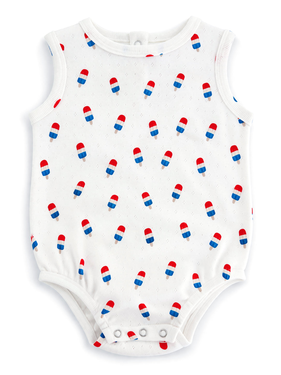 White sleeveless baby onesie featuring a colorful popsicle pattern in red, blue, and white.