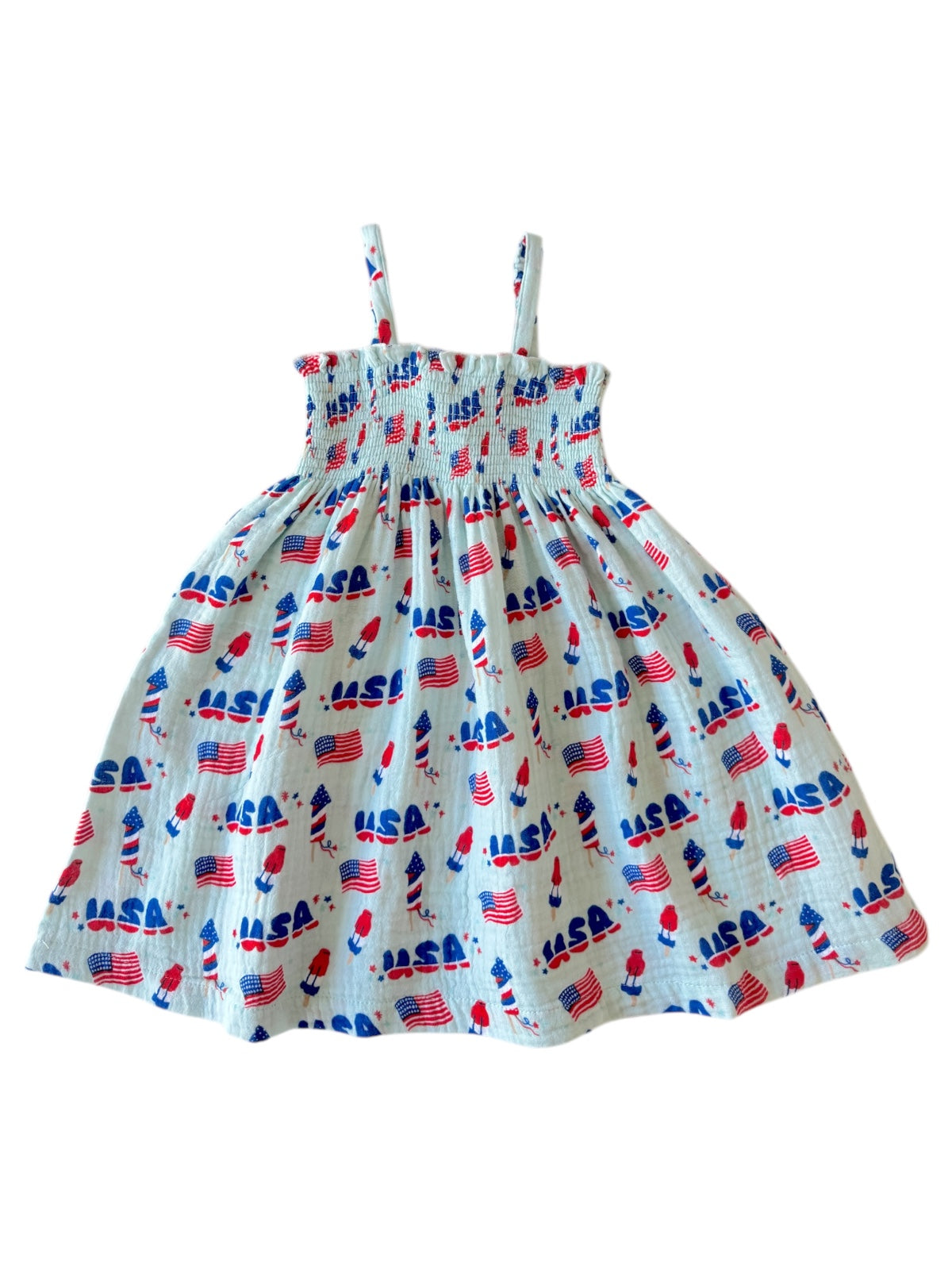Blue dress with red and white NASA logos and American flags, featuring thin straps and a smocked bodice.