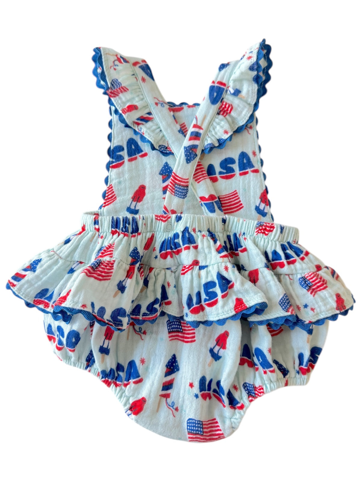 Blue and red baby romper with USA prints, ruffles, and a playful design for summer celebrations.