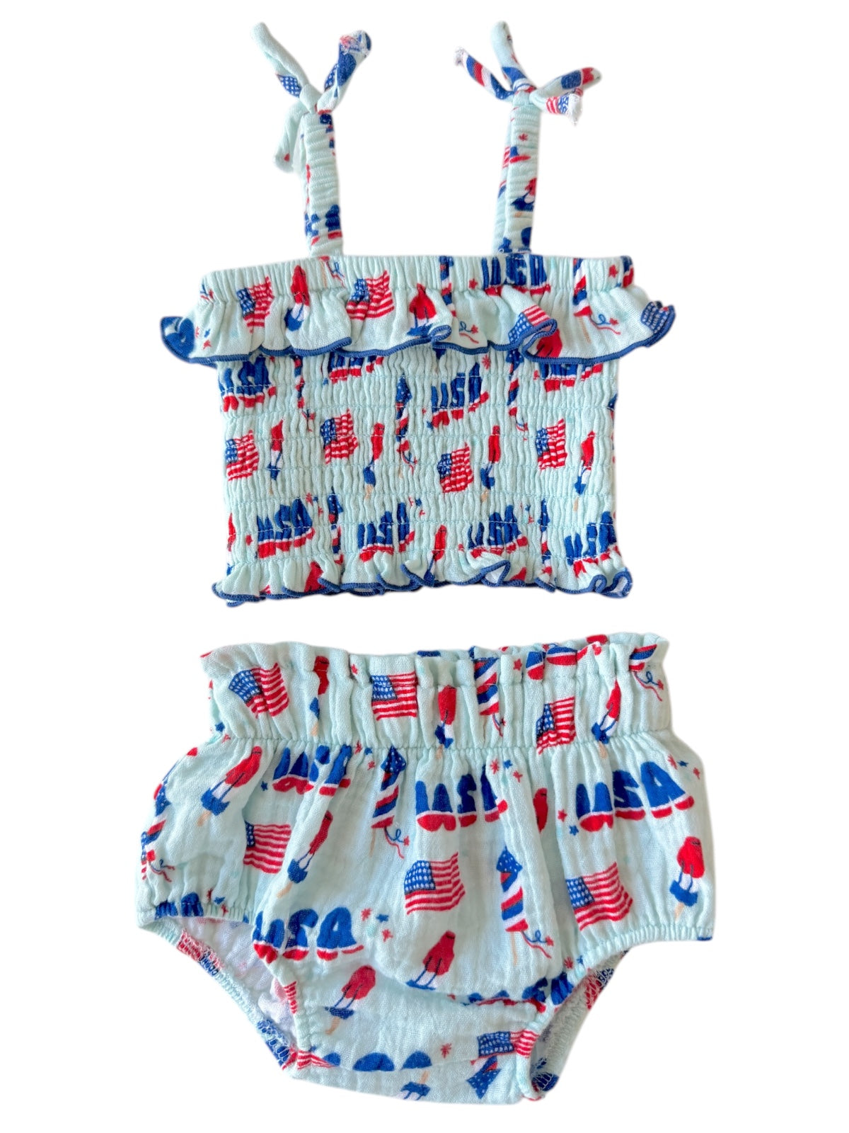 Girls' patriotic swimsuit set with red, white, and blue flag print, featuring a ruffled top and matching bottoms.